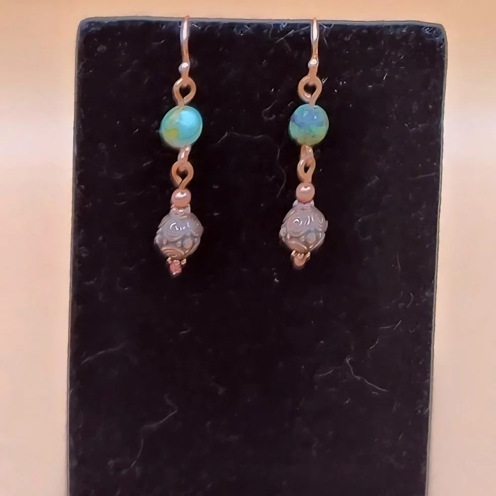 African Turquoise and Copper Dangle and Drop Earrings